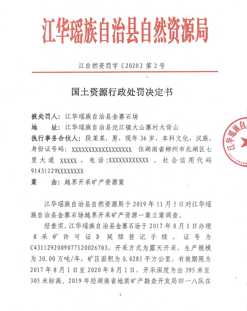 《自然资源行政处罚决定书》(金寨石场)